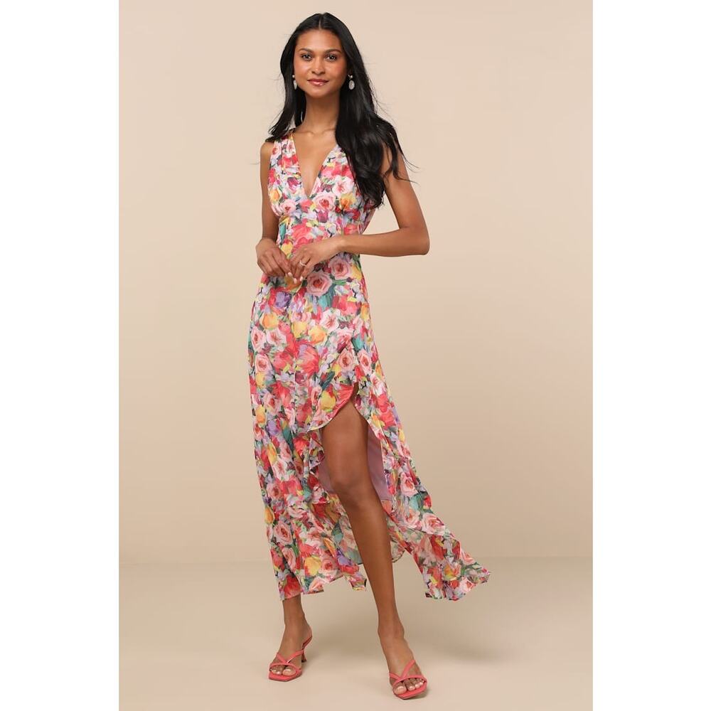 NWT Lulus Laraline Red Multi Floral Ruffled Cowl Back Maxi Dress Cruise Resort L